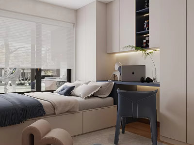 Modern Tatami Bedroom Interior With Platform Bed Desk Chair And Storage Cabinets 3d model
