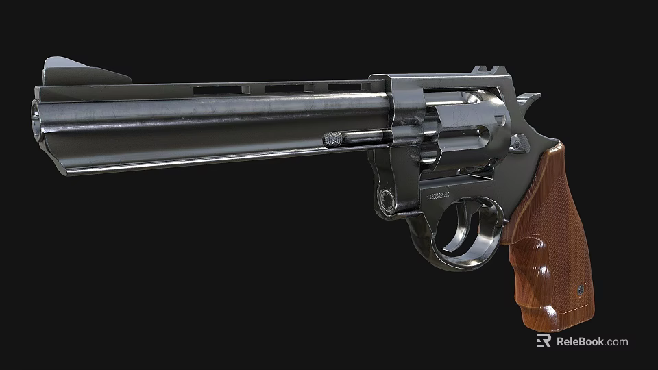 Classic Revolver With Wooden Grip Shiny Black Metal Barrel And Cylinder 3d model 