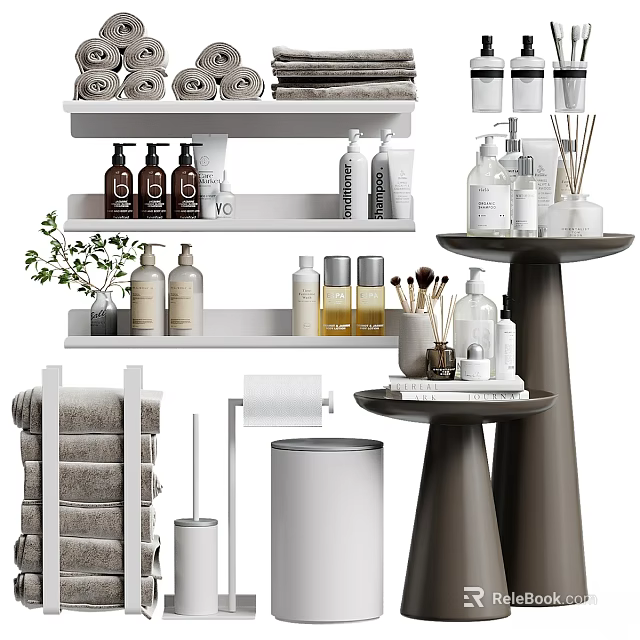 Organized Bathroom Shelves with Laundry Essentials Towels Bottles Brushes and Decor Plants 3d model 