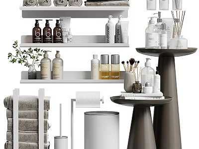 Organized Bathroom Shelves with Laundry Essentials Towels Bottles Brushes and Decor Plants 3d model