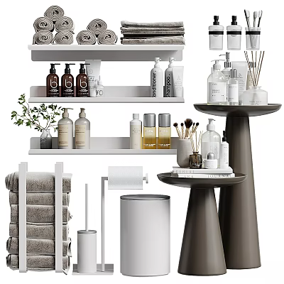 Organized Bathroom Shelves with Laundry Essentials Towels Bottles Brushes and Decor Plants 3d model