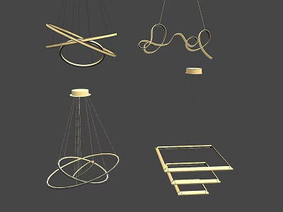 Modern Golden Chandeliers Showcasing Various Unique Curved And Geometric Designs 3d model