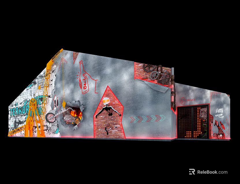 Commercial Equipment With Graffiti Art Red Brick And Orange White Design Elements 3d model 
