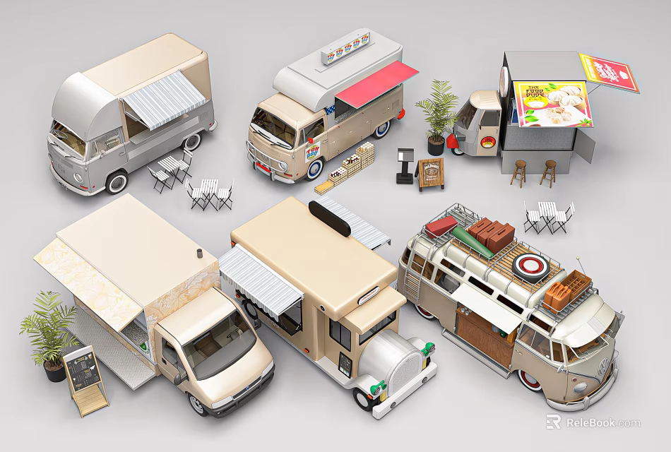 Various Food Trucks With Different Designs Awnings Outdoor Seating And Display Windows 3d model 