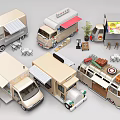 Various Food Trucks With Different Designs Awnings Outdoor Seating And Display Windows