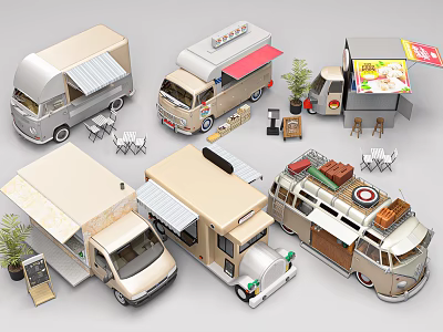 Various Food Trucks With Different Designs Awnings Outdoor Seating And Display Windows 3d model