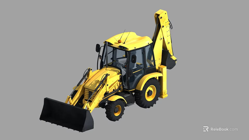 Yellow Utility Vehicle With Front Loader Bucket And Backhoe Arm For Construction 3d model