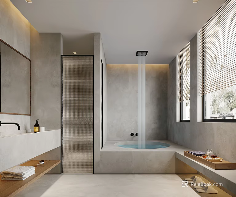 Modern Hotel Bathroom Interior Design With Bathtub Shower Large Mirror And Windows 3d model 