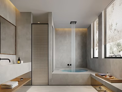 Modern Hotel Bathroom Interior Design With Bathtub Shower Large Mirror And Windows 3d model