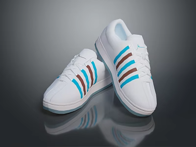 White Casual Sports Shoes Featuring Blue Brown Stripes And Light Blue Soles 3d model