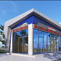 Modern Street Side Public Service Hall With Stylish Geometric Exterior And Full Glass Curtain Wall