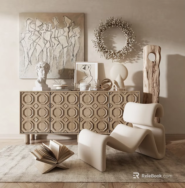 Geometric Patterned Console Table Sideboard With Beige Chair Decorative Items And Wall Art 3d model 