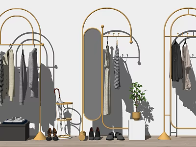 Golden Arched Clothes Racks With Hanging Clothes Shoes And Potted Plant In Modern Style 3d model