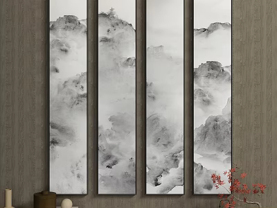 Four Panel Ink Paintings of Mountain and Water Hanging on Gray Wall with Decorative Elements 3d model