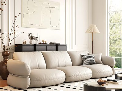 Modern Living Room Beige Sofa and Coffee Table Set with Black White Rug Abstract Painting Floor Lamp 3d model