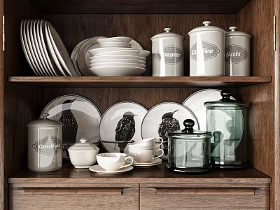 Organized Kitchen Utensils in Wooden Cabinet Stacked Plates Decorative Bird Pattern Jars Cups Glass Containers 3d model