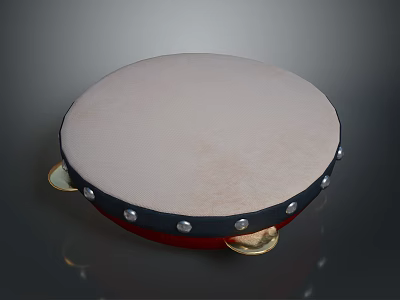 Traditional Tambourine With White Drumhead Black Rim Silver Rivets And Golden Jingles 3d model