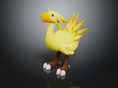 Yellow Fantasy Creature 3D Character Design With Feathers Beak Purple Eyes And Legs 3d model