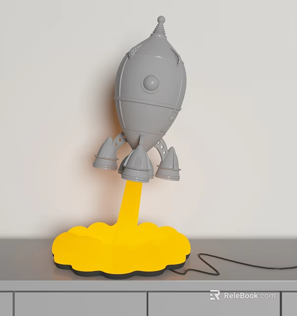 Rocket Shaped Gray Table Lamp With Yellow Flame Base On Gray Desk 3d model 