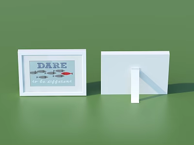 White Photo Frame with DARE to be different Text and Fish Illustration Back Stand View 3d model