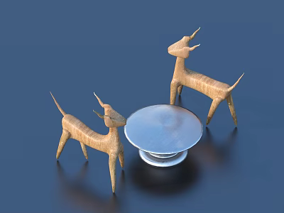 Minimalist Decorative Ornament Set With Two Wooden Deer Figurines And Metal Tray 3d model