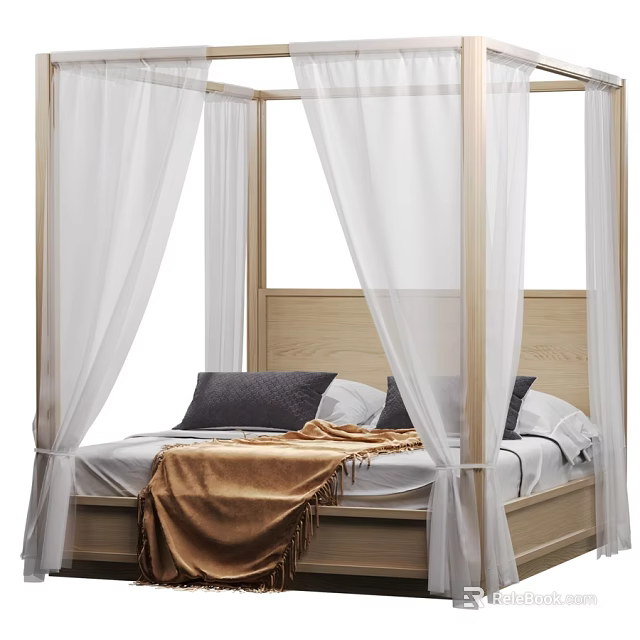 Natural Wood Frame Double Canopy Bed With White Sheer Curtains And Comfortable Bedding For Bedroom 3d model 