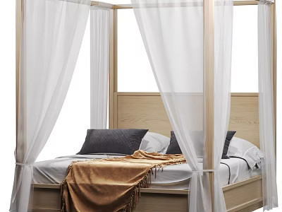 Natural Wood Frame Double Canopy Bed With White Sheer Curtains And Comfortable Bedding For Bedroom 3d model