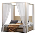 Natural Wood Frame Double Canopy Bed With White Sheer Curtains And Comfortable Bedding For Bedroom