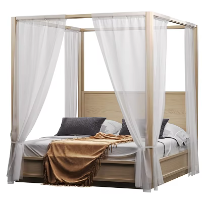 Natural Wood Frame Double Canopy Bed With White Sheer Curtains And Comfortable Bedding For Bedroom 3d model
