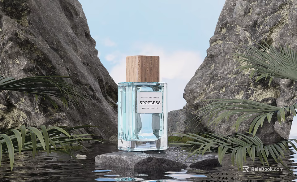 Natural Spotless Perfume with Transparent Bottle Wooden Cap Rocks Water Green Plants 3d model 