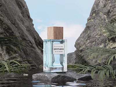 Natural Spotless Perfume with Transparent Bottle Wooden Cap Rocks Water Green Plants 3d model