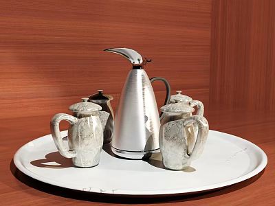 Elegant Tea Set With Silver Kettle Ceramic Cups On White Tray Wooden Background 3d model