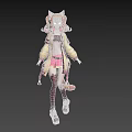 Anime Woman Dressed In Yellow Jacket Pink Skirt With Cat Ears Tail And Black Stockings
