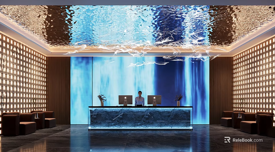 Clubhouse Lobby With Modern Reception Desk And Decorative Ceiling Design Feature Wall 3d model 