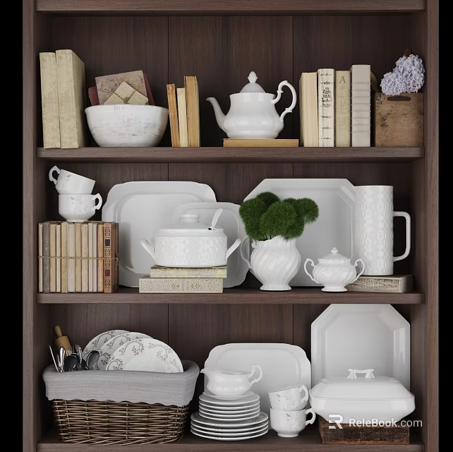 White Dinnerware Set with Teapot Plates Cups on Wooden Bookshelf and Decorative Plants 3d model 