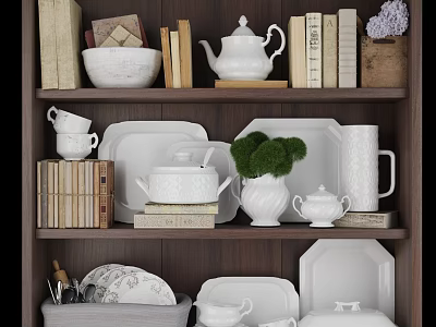 White Dinnerware Set with Teapot Plates Cups on Wooden Bookshelf and Decorative Plants 3d model