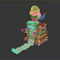 Christmas Elf With Green Hat Sitting On Stacked Books And Unfurled Scroll