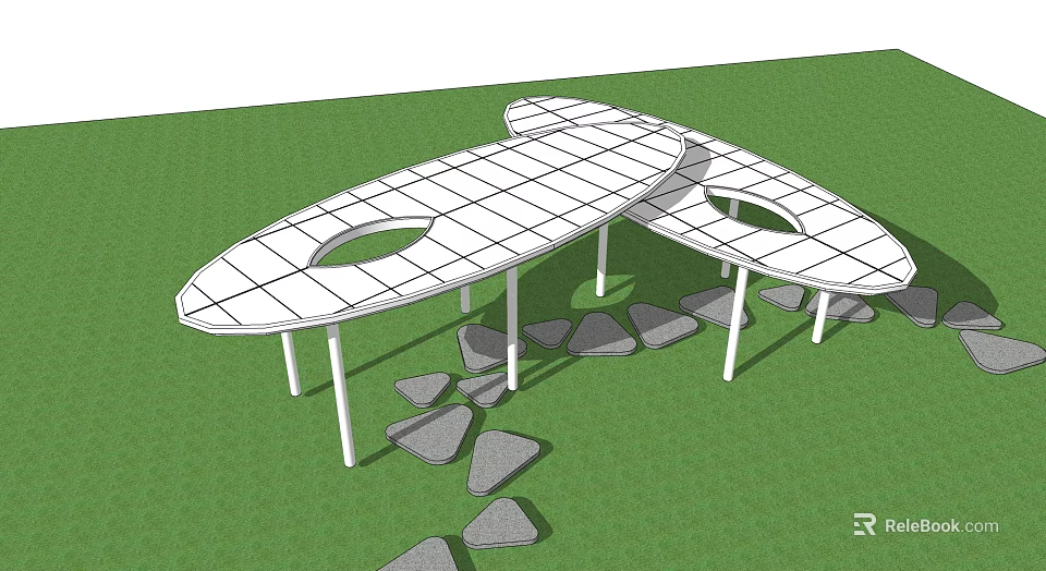 Garden Landscape With White Grid Canopy Supporting Pillars Green Lawn And Gray Stones 3d model 