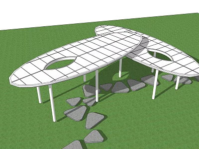 Garden Landscape With White Grid Canopy Supporting Pillars Green Lawn And Gray Stones 3d model