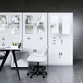 Modern Office Workspace With Desk White Storage Cabinets Chairs And Potted Plant
