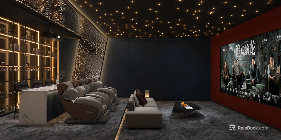 Home Theater Interior With Star Ceiling Dark Walls Comfortable Recliners Sofa And Plush Carpet 3d model 