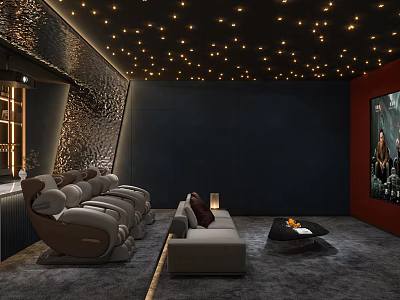 Home Theater Interior With Star Ceiling Dark Walls Comfortable Recliners Sofa And Plush Carpet 3d model