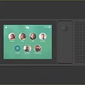 Smart Display With Video Call Interface Showing Contact Avatars And Modern Grey Speaker Panel