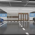 E Zone Parking Lot With Blue Yellow Pillars White Floor Markings And Parked Cars