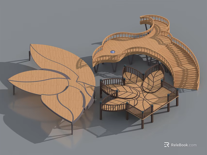 Wooden Roadside Facilities with Leaf Shaped Walkway Platforms and Curved Staircases Design 3d model 