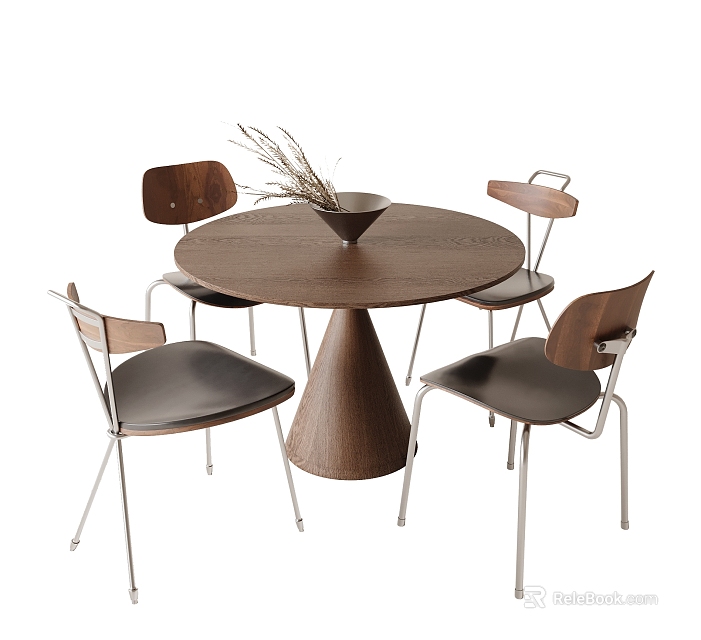 Modern Wooden Round Dining Table with Four Black Leather Chairs and Dried Flower Decor 3d model 