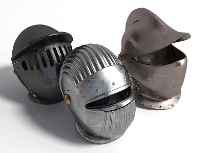 Three Medieval Knight Helmets With Metal Construction And Different Visor Designs 3d model