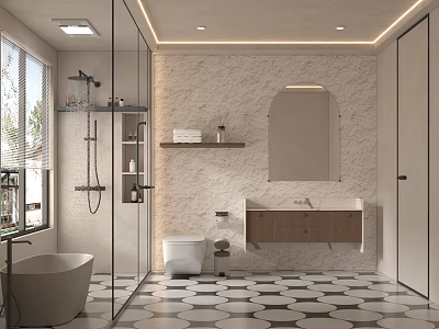 Modern Bathroom Interior With Bathtub Glass Shower Mirror Wooden Vanity And Patterned Floor 3d model