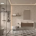 Modern Bathroom Interior With Bathtub Glass Shower Mirror Wooden Vanity And Patterned Floor