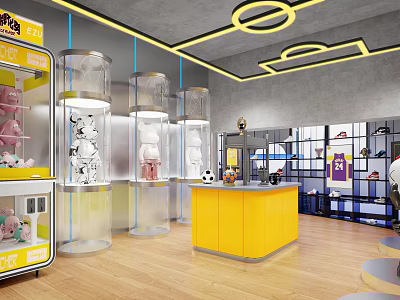 Modern Shopping Mall Store Interior Featuring Transparent Display Cases Figurines Yellow Counter And Circular Lights 3d model